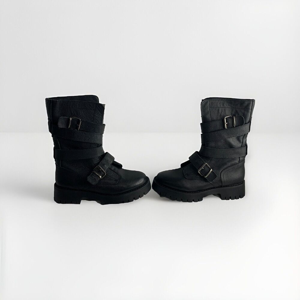 New Steve Madden Trenton LaceUp Chunky Heel Mid Calf Boots BLACK LEATHER Size 5M